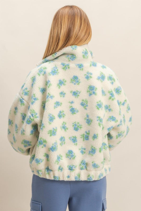 Comfy Floral Print Sherpa Zip-up Jacket