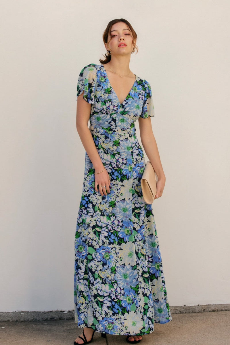 Flower Medley V Neck Flutter Sleeve Maxi Dress