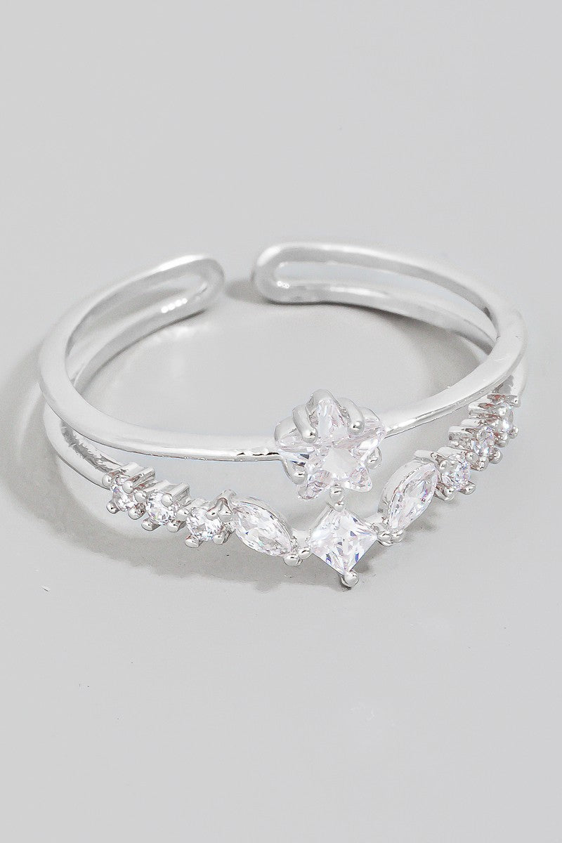Mini Star Rhinestone Open Band Ring (Silver)