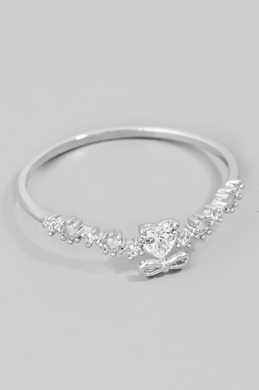 Rhinestone Heart Bow Ring (Silver)