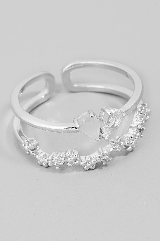 Two Row Floral Rhinestone Ring (silver)