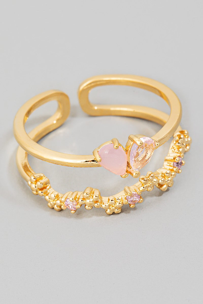 Two Row Floral Rhinestone Ring (Gold)