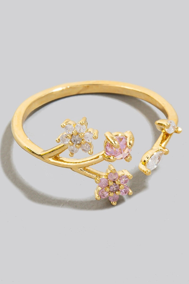 Studded Floral Open Band Ring (Gold)