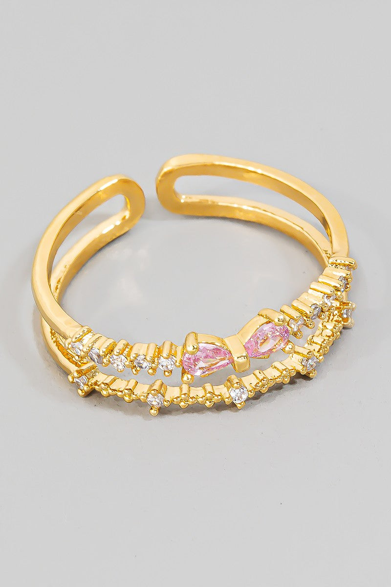 Two Row Rhinestone Pink Bow Ring (Gold)