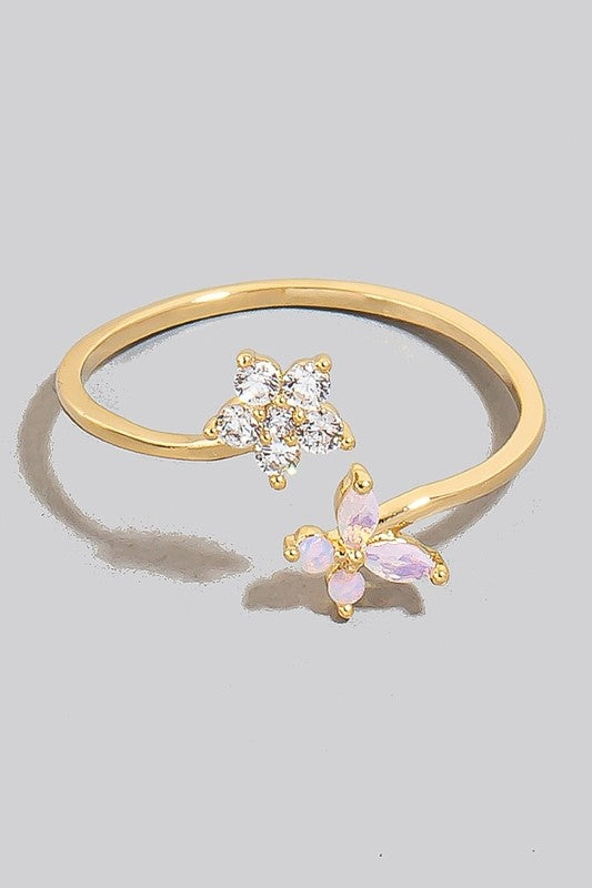 Pave And Studs Pink Flower Open Band Ring