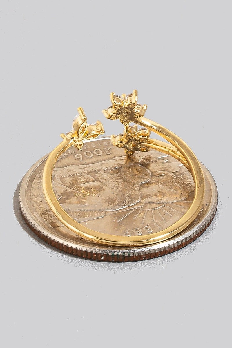 Double Cz Flower And Butterfly Open Band Ring (Gold)