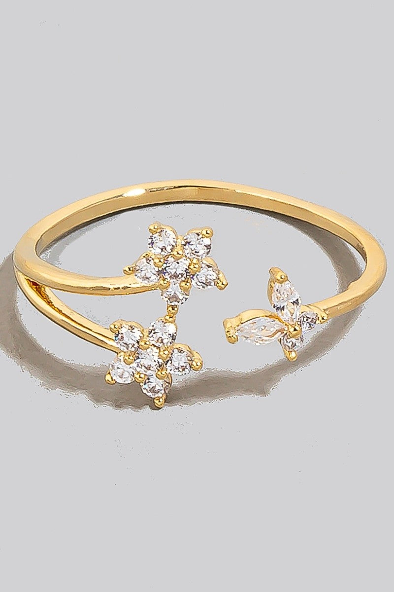 Double Cz Flower And Butterfly Open Band Ring (Gold)