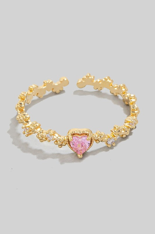 Heart And Metallic Flowers Open Band Ring (Gold)