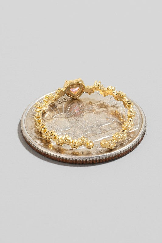 Heart And Metallic Flowers Open Band Ring (Gold)