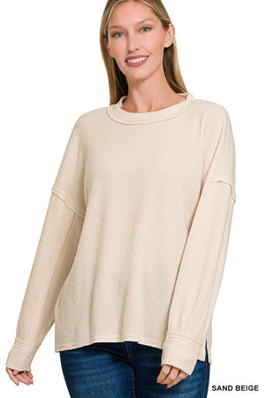 Ribbed Hacci Drop Shoulder Sweater (Sand Beige)