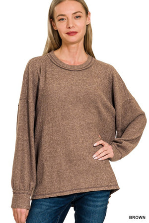 Ribbed Hacci Drop Shoulder Sweater (Brown)