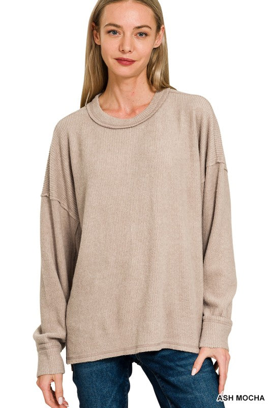 Ribbed Hacci Drop Shoulder Sweater (Ash Mocha)