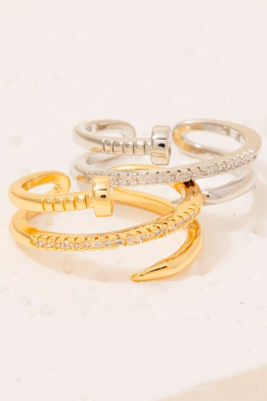 Pave Nail Wrap Around Open Band Ring (Silver)