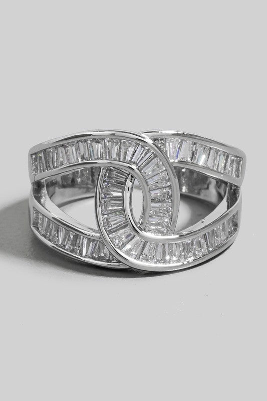Rhinestone Baguette Pave Knot Open Band Ring (Silver)