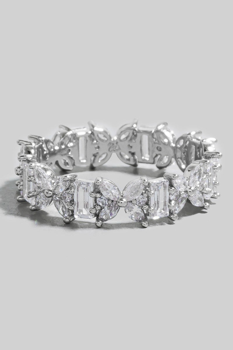 Gold Dipped Cz Butterflies And Baguettes Band Ring (Silver)