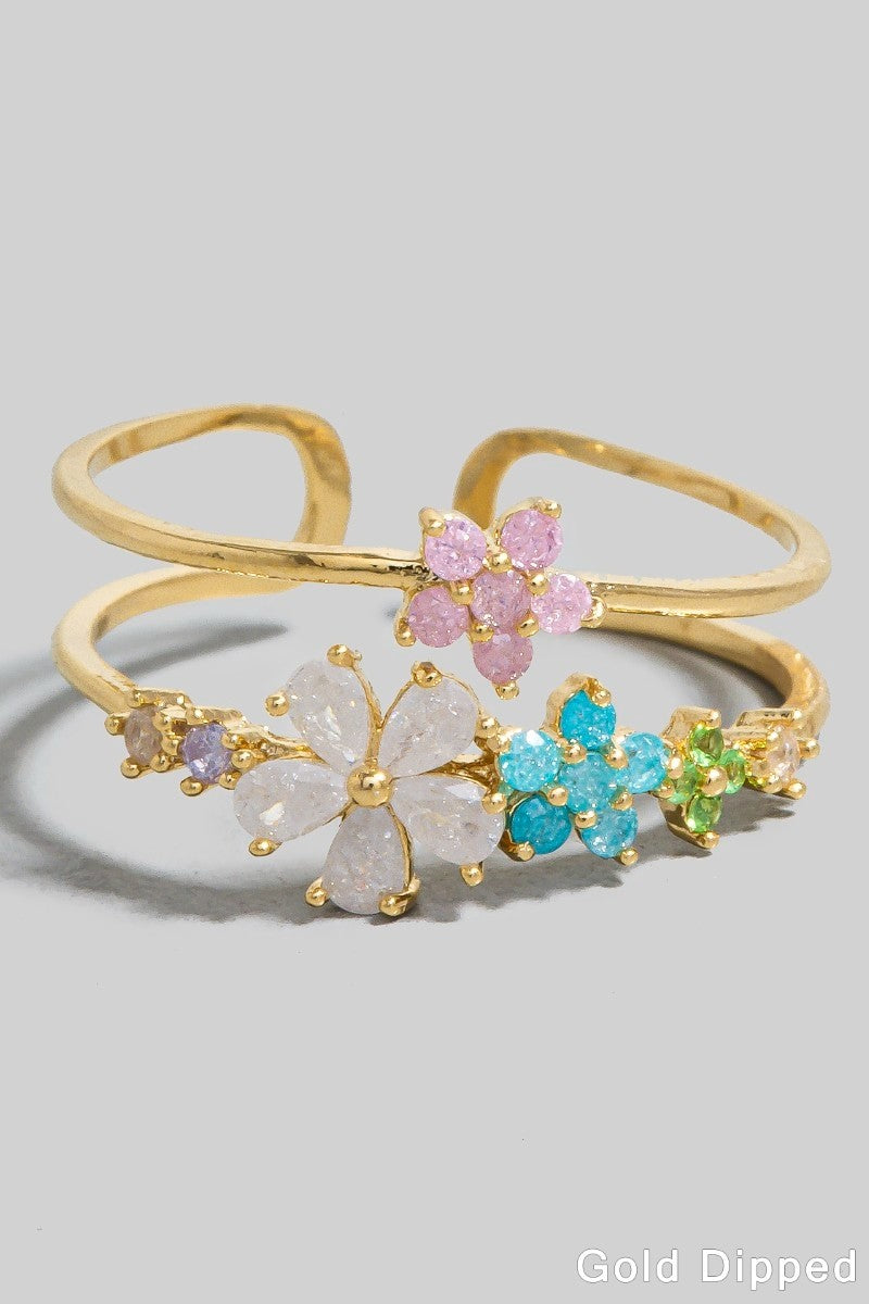 Gold Dipped Cz Station Floral Band Open Ring