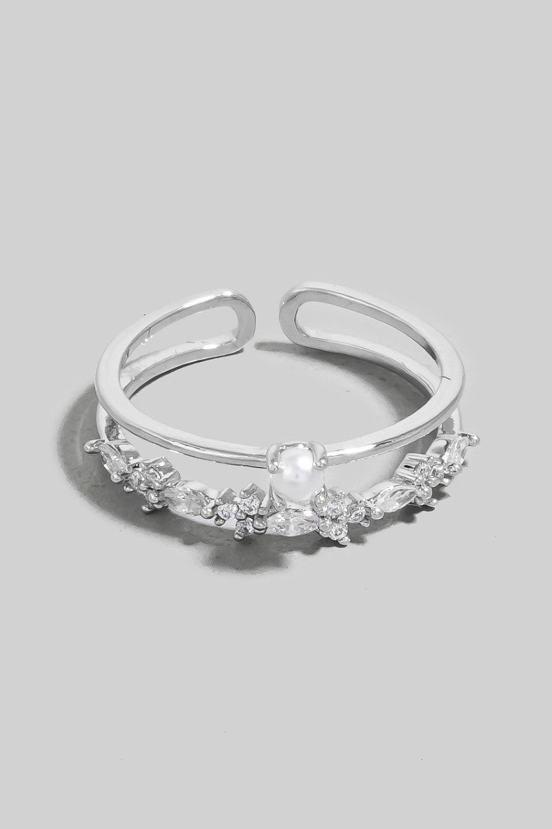 Pearl And Cz Studs Open Band Ring (Silver)