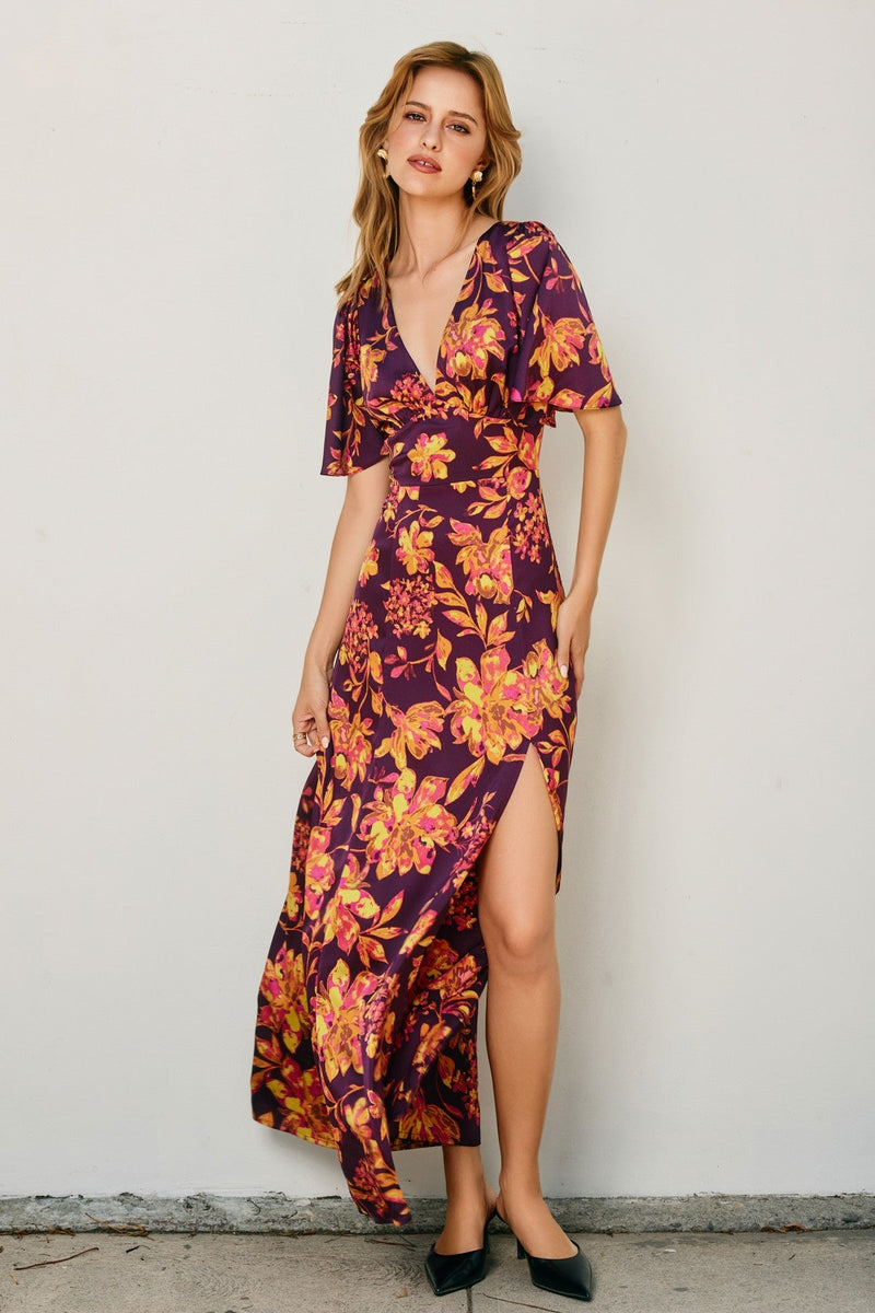 Crimson Horizon Flutter Sleeve Plunging Maxi Dress