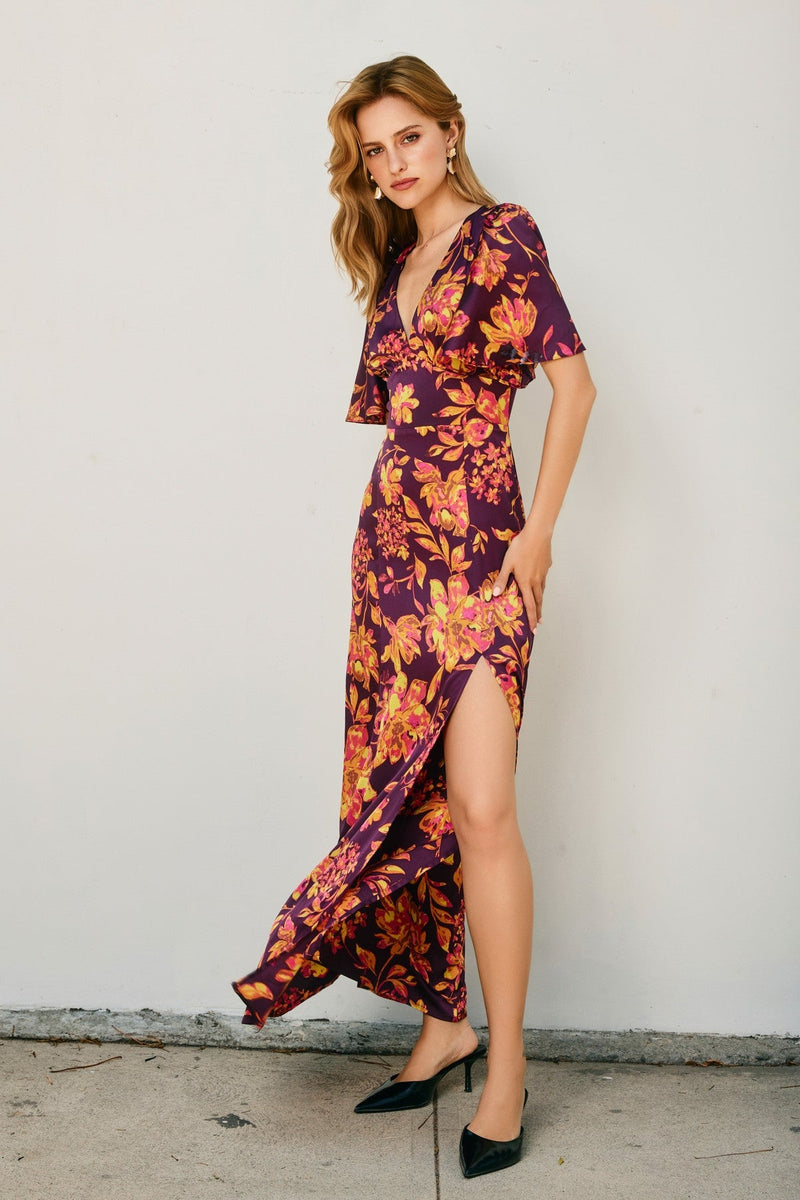 Crimson Horizon Flutter Sleeve Plunging Maxi Dress