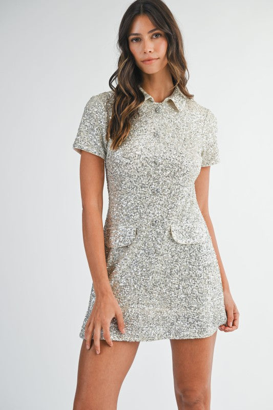 Polo Knit Sequin Mini Dress (Champagne)