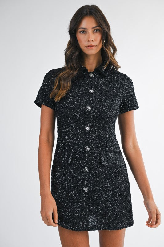 Polo Knit Sequin Mini Dress (Black)