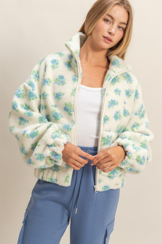 Comfy Floral Print Sherpa Zip-up Jacket