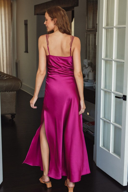 Lace And Satin Maxi Dress (Magenta)