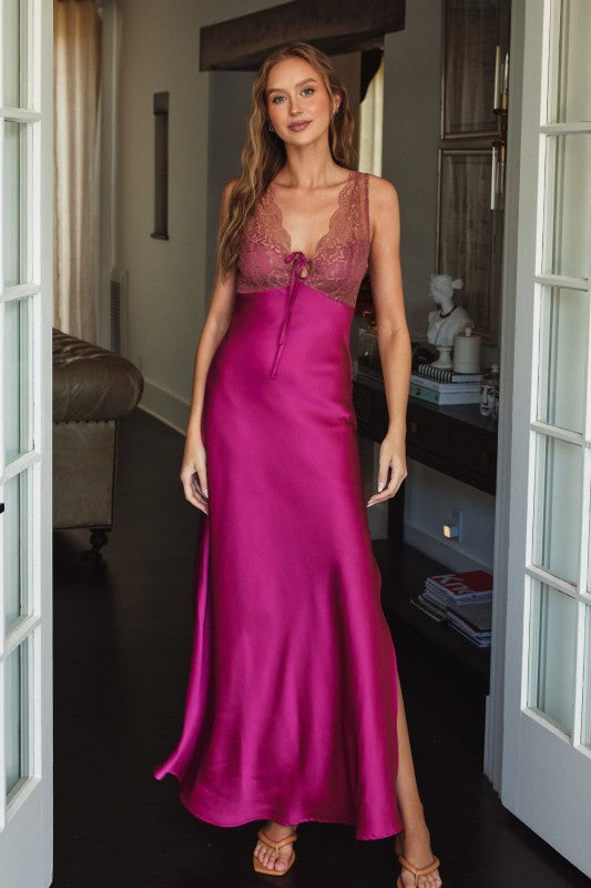 Lace And Satin Maxi Dress (Magenta)