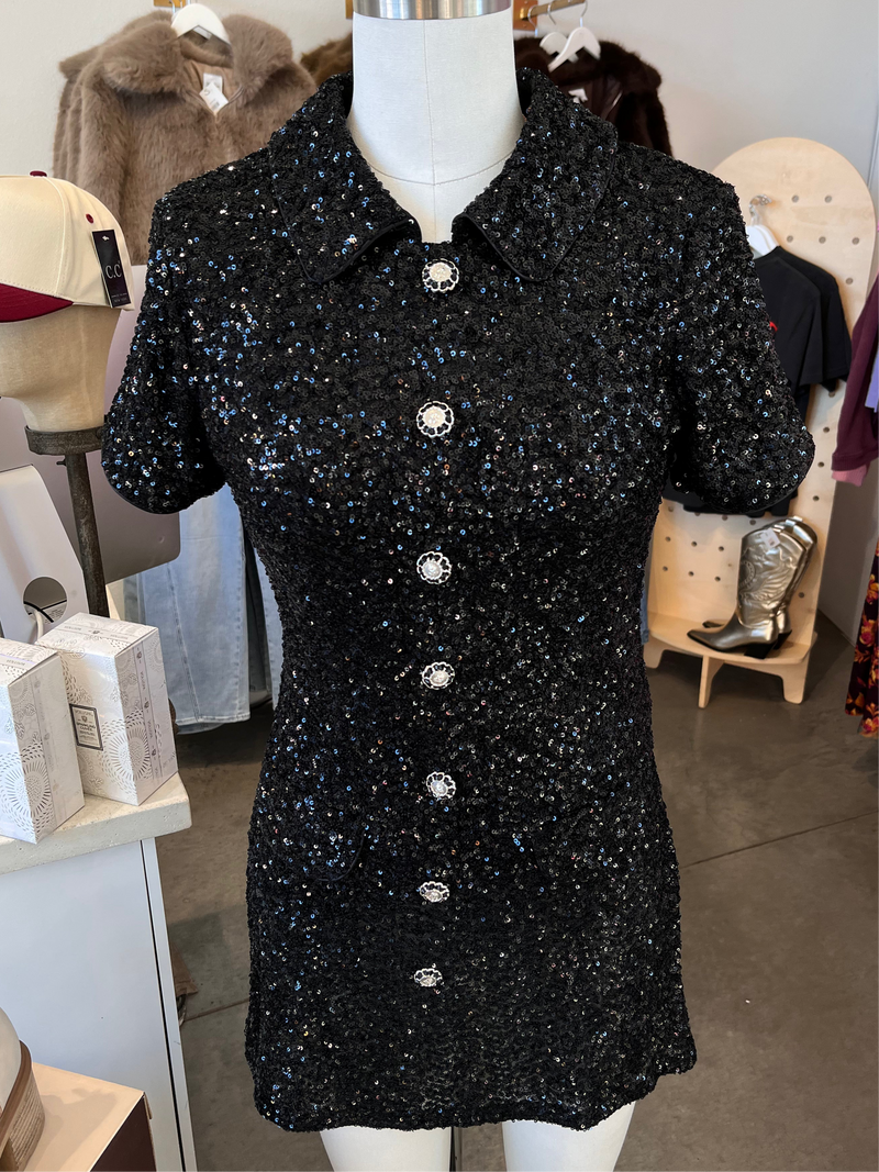 Polo Knit Sequin Mini Dress (Black)