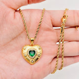 Green Zircon Stainless Steel Textured Heart Pendant Necklace