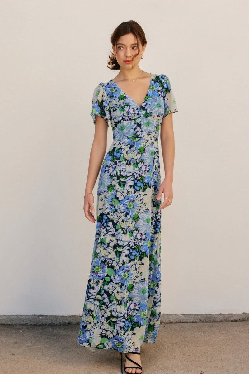 Flower Medley V Neck Flutter Sleeve Maxi Dress