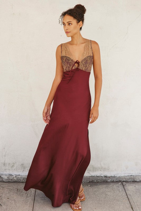 Lace And Satin Maxi Dress (Fig)