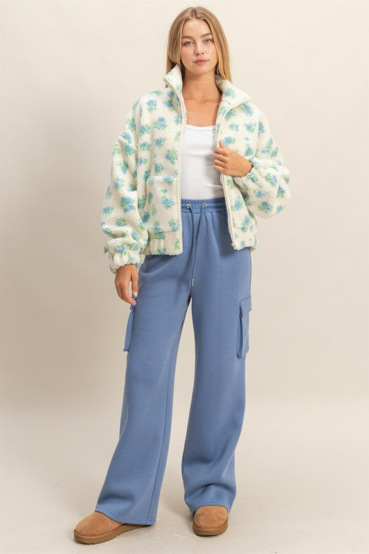 Comfy Floral Print Sherpa Zip-up Jacket