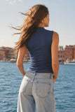 Soft Stretch Mock Neck Sleeveless Top (Navy)