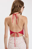 Embroidered Detail Scallop Trim Backless Top (Red)