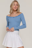 Wide Neck Fitted Stripe Sweater (Blue)