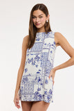 Deep Blue Vintage Palm Mini Dress