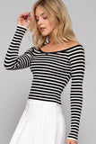 Wide Neck Fitted Stripe Sweater (Black)