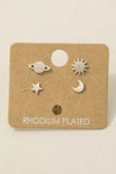 Mini Planet Sun Star Moon Stud Earrings (Silver)