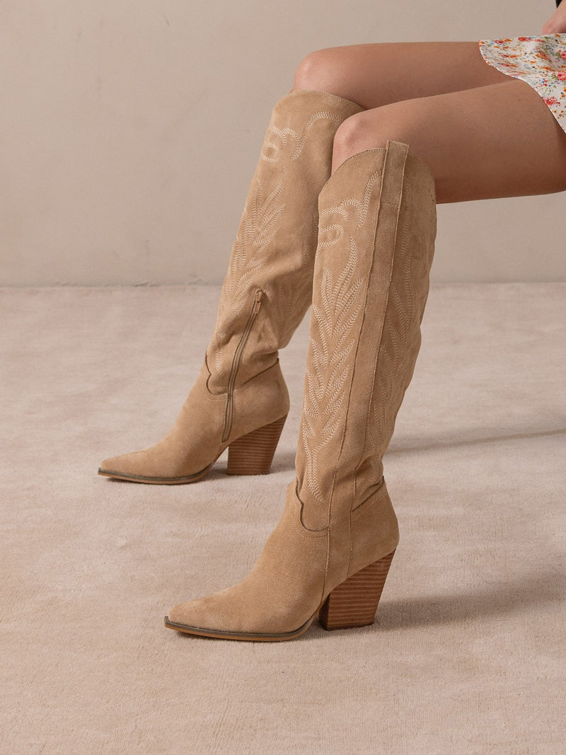 Bronco Knee-High Embroidered Boots (Almond)