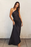 Olympia Asymmetrical Pleated Maxi Dress (Black)