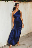 Olympia Asymmetrical Pleated Maxi Dress (Midnight Navy)