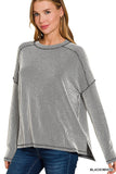 Raised Rib Raw Edge Boat Neck Long Sleeve Top (Blk/White)
