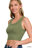 Ribbed Scoop Neck Cropped Tank Top (Olive)