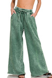 Acid Wash Fleece Palazzo Sweatpants With Pockets (Dark Green)