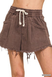 Washed Fray Hem Denim Shorts (Mahogony)