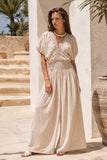 Loose Fit Soft Smocked Bubble Sleeve Jumpsuit (Taupe)
