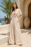 Loose Fit Soft Smocked Bubble Sleeve Jumpsuit (Taupe)