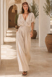 Loose Fit Soft Smocked Bubble Sleeve Jumpsuit (Taupe)