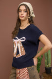Boot Bow Short Sleeve Knit Sweater (Navy)